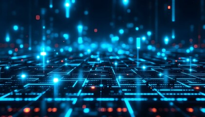 Poster - A high-tech blue pixel grid with a uniform pattern of bright and dark squares delivers a sophisticated digital design. Sophisticated blue grid design featuring a mix of bright and dark background