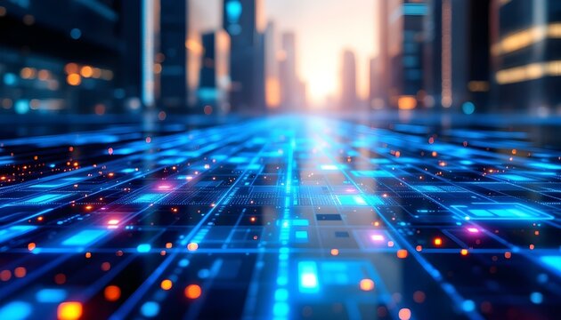 A high-tech blue pixel grid with a uniform pattern of bright and dark squares delivers a sophisticated digital design. Sophisticated blue grid design featuring a mix of bright and dark background