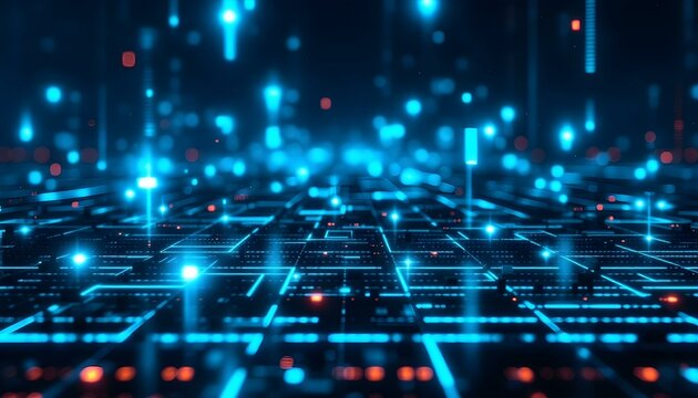 A high-tech blue pixel grid with a uniform pattern of bright and dark squares delivers a sophisticated digital design. Sophisticated blue grid design featuring a mix of bright and dark background