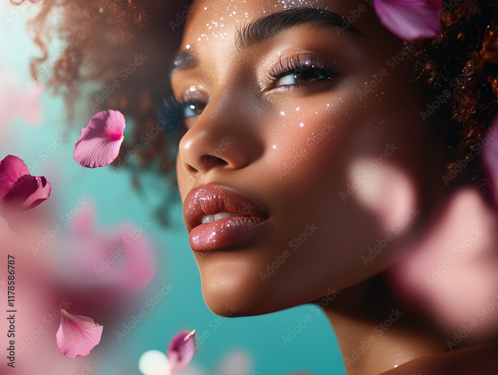 Young woman with glowing skin and petals