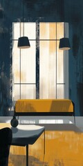 Poster - A yellow couch is in front of a window. There is a lamp on the table. A vase is on the table