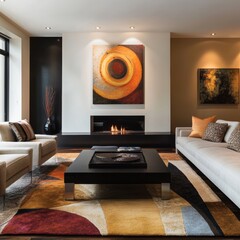 Wall Mural - A living room with a fireplace and a painting of a circle on the wall. There are two couches and a coffee table