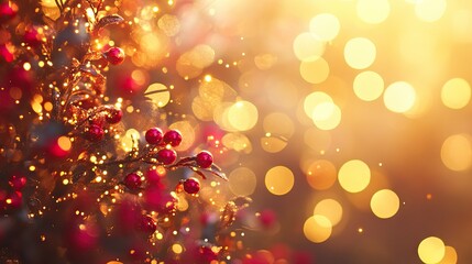 Aufkleber - Abstract golden sparkle dust with bright yellow bokeh circles and festive red-orange hues, forming a vibrant and luxurious holiday background