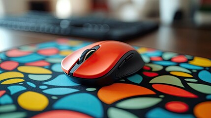 Poster - A mouse with a comfortable design sitting on a mousepad with a colorful pattern.