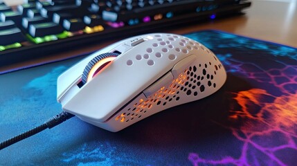 Poster - A mouse with programmable buttons for gaming, positioned on a colorful mousepad. 