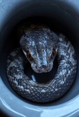 Poster - Close-Up of a Coiled Snake with Intricate Scale Patterns and Captivating Eyes in a Neutral Background, Ideal for Nature and Wildlife Themes