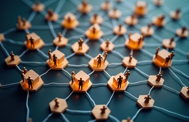 Miniature figures representing employees connected via network of lines. Interact in groups around glowing hubs. Decentralized communication system suggests collaboration, partnership within business