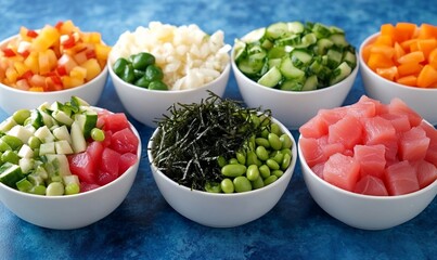 Colorful poke bowl ingredients arranged on blue background