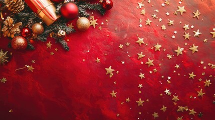 Poster - An overhead shot of Christmas gifts, stars, and ornaments scattered on a red surface, symbolizing the rush for holiday shopping, with promotional space for text.