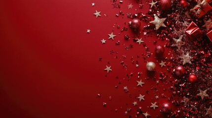 Poster - An overhead shot of Christmas gifts, stars, and ornaments scattered on a red surface, symbolizing the rush for holiday shopping, with promotional space for text.