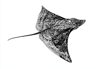 intricate black and white illustration of manta ray with detailed patterns