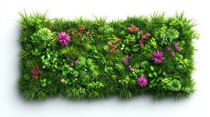 Wall Mural - Lush green grass and wildflowers in a rectangular patch, isolated on white background.