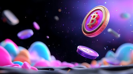 Poster - 3D rendering of Bitcoin cryptocurrency coin falling onto colorful abstract surface.