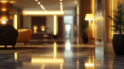 Poster - blurred hotel lobby with bookend lights creates a warm and inviting atmosphere, perfect for use as a background in various design projects, 32k Resolution
