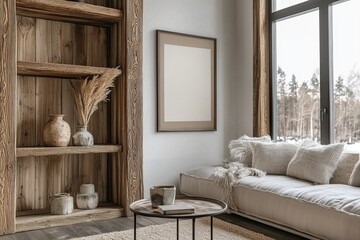 Wall Mural - Empty wooden frame mockup. Scandinavian interior with rustic decor. Art concept.