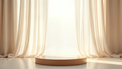 Poster - Modern round wooden podium table in room with soft white curtains. Sunlight streams through drapes casting gentle shadows. Empty platform ideal for product display. Luxurious, minimalist style. Clean