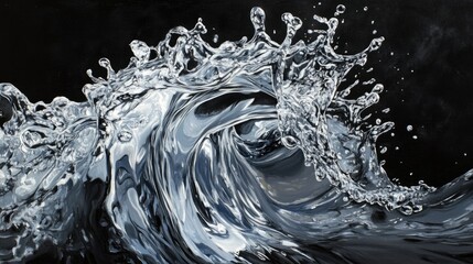 Poster - A splash of crystal-clear water on a black background, capturing the motion and purity of water with an abstract, modern feel
