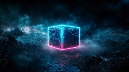 Aufkleber - Illuminated neon cube render amidst ethereal landscape futuristic art digital environment surreal perspective