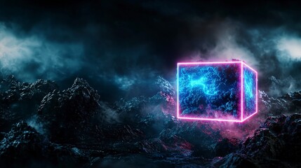 Aufkleber - Glowing neon cube in a mysterious landscape futuristic render digital art dark atmosphere surreal concept