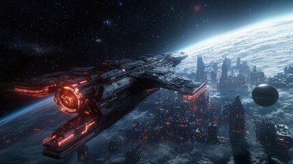 Poster - Futuristic spacecraft exploring sci-fi city outer space digital art cosmic environment aerial view imagination