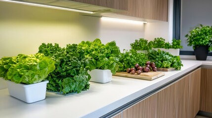 Aufkleber - Modern kitchen interior with fresh greens and herbs bright space food photography clean design culinary inspiration