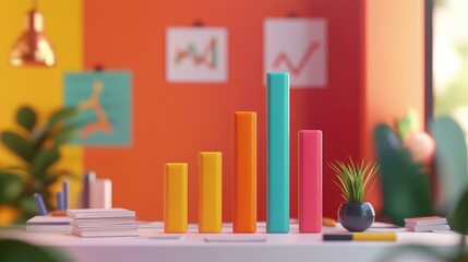 Poster - An animated presentation of a D bar chart rising dynamically, illustrating the growth of sales over several quarters, set against a sleek corporate backdrop with graphs and data sheets.