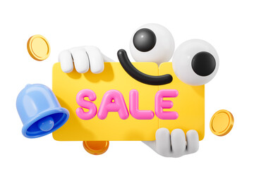 Poster - Playful 3D character holding a yellow sign with SALE in pink, featuring a blue notification bell and surrounded by gold coins on a white background. 3D Rendering.