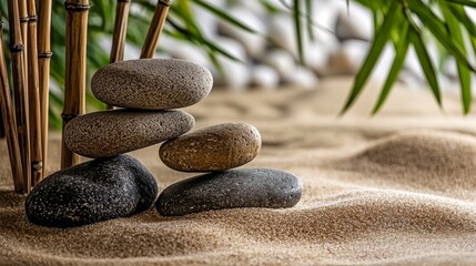 Poster - Serene zen garden stacked stones in a tranquil landscape for relaxation and nature photography