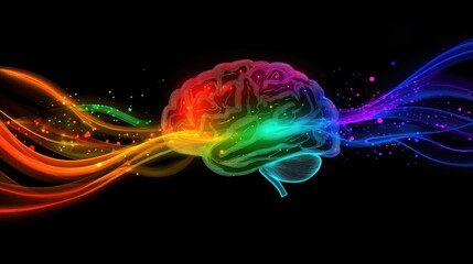 Poster - An artistic representation of the human brain surrounded by colorful light trails and digital data, symbolizing thoughts, ideas, and creativity in a modern, tech-inspired design.