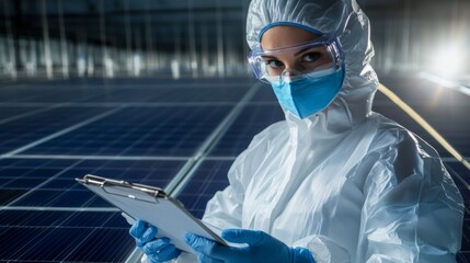 Aufkleber - A scientist in protective gear inspects solar panels, holding a clipboard in a high-tech environment.