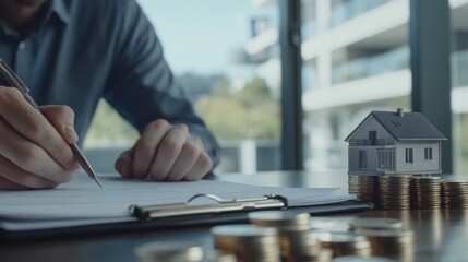 Poster - A person writes on paper with a pen, surrounded by coins and a small model house, suggesting real estate investment and financial planning.