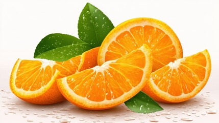 Fresh orange slices with green leaves and water droplets on a light background.