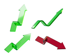 Poster - Multiple 3D shiny green and red arrows in an abstract style, displayed on a plain white background. Concept of success, growth, and decline. 3D Rendering.