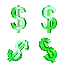 Poster - Four glossy green dollar signs displayed in various perspectives on a white background, symbolizing money, finance, and wealth. 3D Rendering