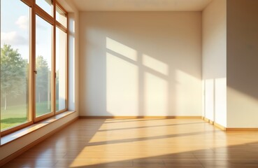 Poster - Empty room with large window offering garden view. Sunlight casts shadows on light beige walls, wooden floor. Natural light fills interior space. Modern architecture style evident in room design.