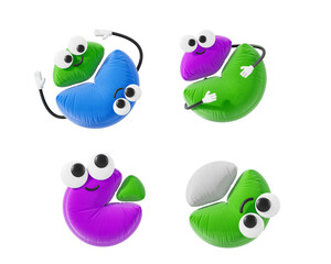 Poster - Colorful pie chart-inspired characters with arms, eyes, and smiles, in blue, green, purple, and gray tones on a white background, concept of fun data. 3D Rendering.