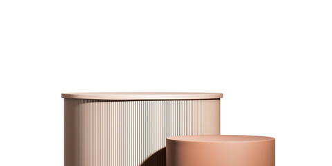 Poster - Two beige podiums with ribbed and smooth textures, illuminated by soft light, placed on a white background. A perfect minimalist display concept. 3D Rendering.
