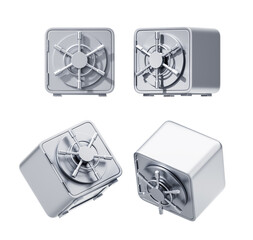 Poster - Metallic safes with rotary wheel locks, shown in four different angles, displayed on a plain white background. Concept of security and protection, 3D Rendering