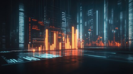 Poster - A D financial chart with rising bars and line graphs, each labeled with financial metrics, floating above a digital interface in a modern office environment.