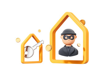 Poster - Thief icon in a suit and mask, key inside yellow house symbols, surrounded by coins on a white background. Concept of theft, home security. 3D Rendering.