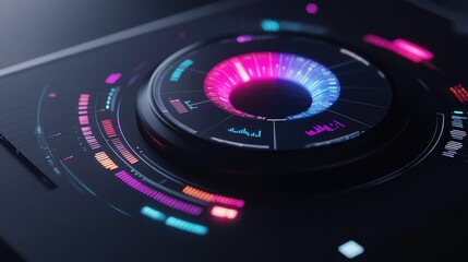 Poster - A D pie chart integrated into a futuristic dashboard interface, with glowing segments and detailed metrics displayed around it, representing advanced data analytics technology.