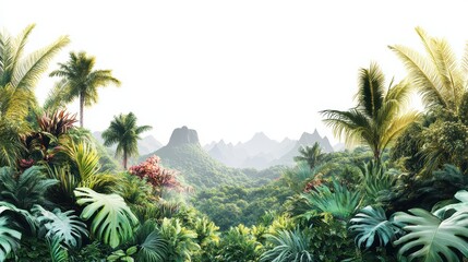 Poster - Lush tropical jungle landscape with palm trees and mountains.