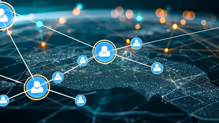Fototapete - A network of lines and dots, intricately connected, displayed on a dark background, Interlinked nodes and connections forming a global network