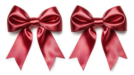Poster - A top-down view of two perfectly tied red satin ribbons isolated on white, with smooth, glossy textures creating a chic and festive aesthetic.