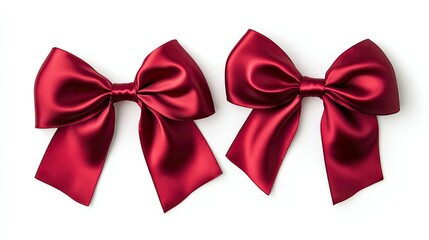Poster - A top-down view of two perfectly tied red satin ribbons isolated on white, with smooth, glossy textures creating a chic and festive aesthetic.