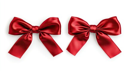 Poster - A top-down view of two perfectly tied red satin ribbons isolated on white, with smooth, glossy textures creating a chic and festive aesthetic.
