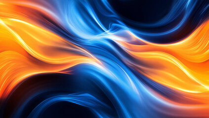 Poster - Dynamic abstract artwork featuring vibrant blue and orange light waves swirling and intermingling against a dark background. Creates a sense of motion and energy.