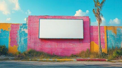 Blank Billboard on a Colorful Weathered Wall