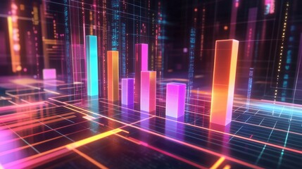 Poster - A colorful D bar chart with each bar labeled by percentage, floating above a high-tech surface, surrounded by digital data points and futuristic grids.