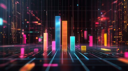 Poster - A colorful D bar chart with each bar labeled by percentage, floating above a high-tech surface, surrounded by digital data points and futuristic grids.